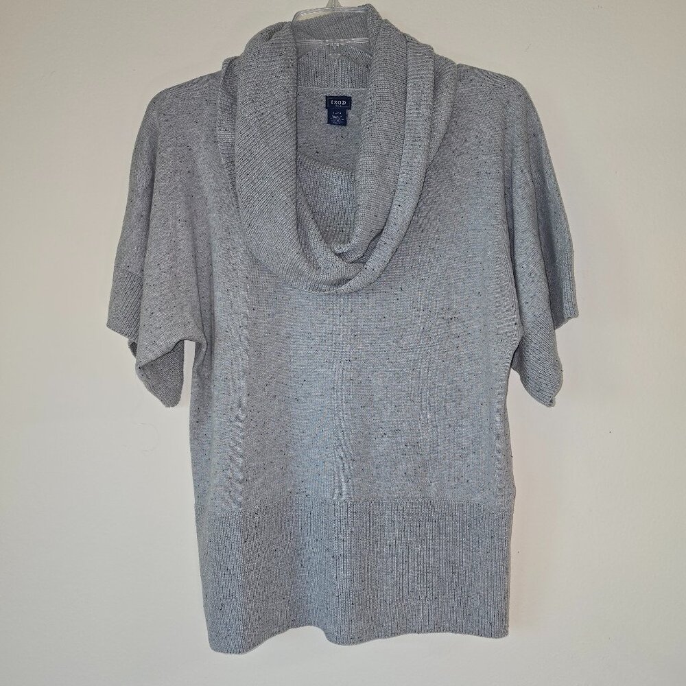 Izod Speckled Light Grey Cotton Knit Deep Cowl Neck SS Sweater PL